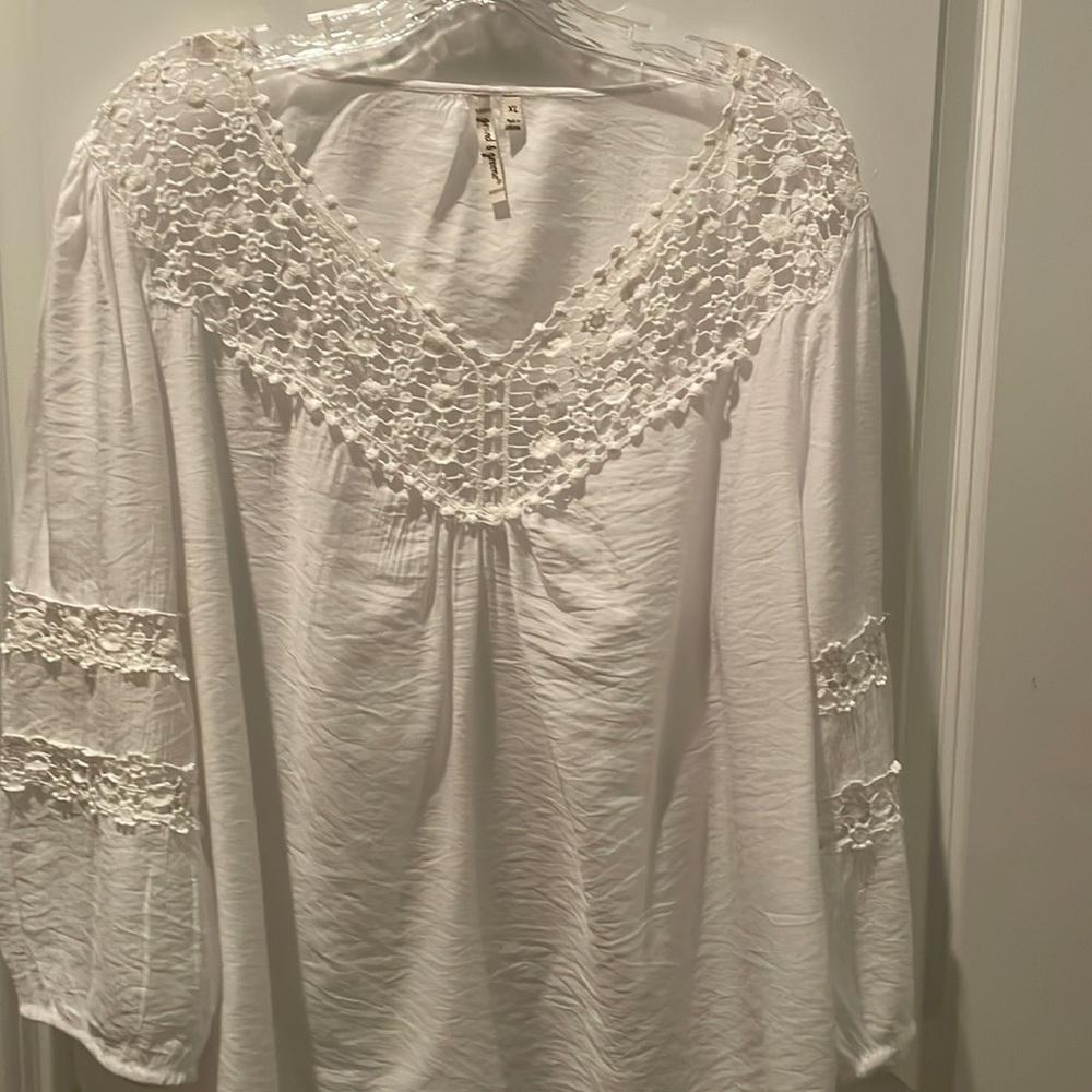 Women’s white sheer lace neck blouse